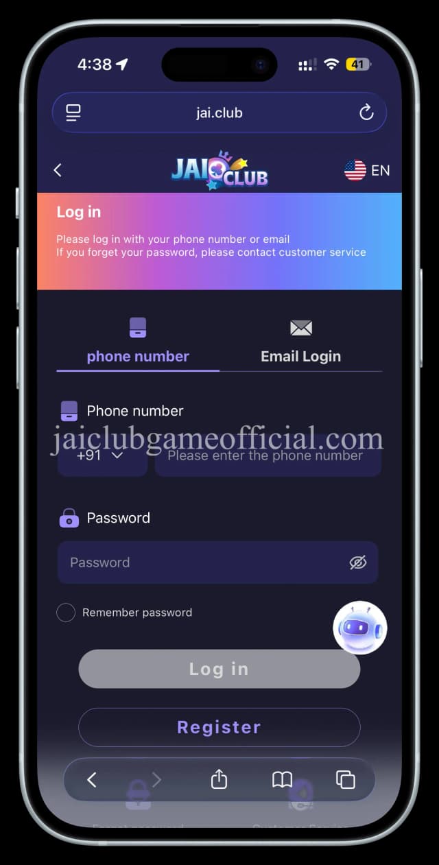 Jai Club Game login screen after registration