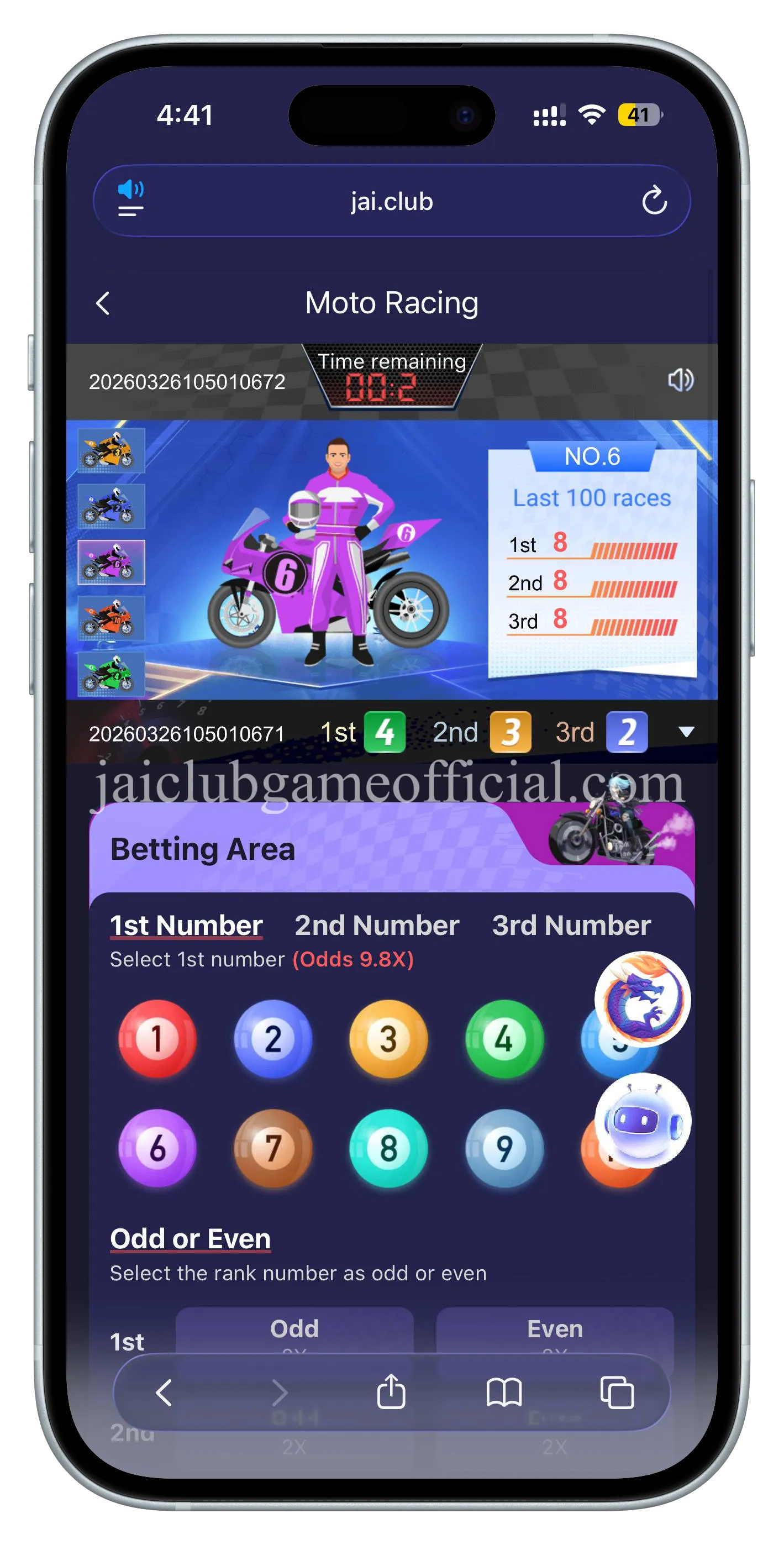 Jai Club Moto Racing Game betting interface showing numbers 1 to 10