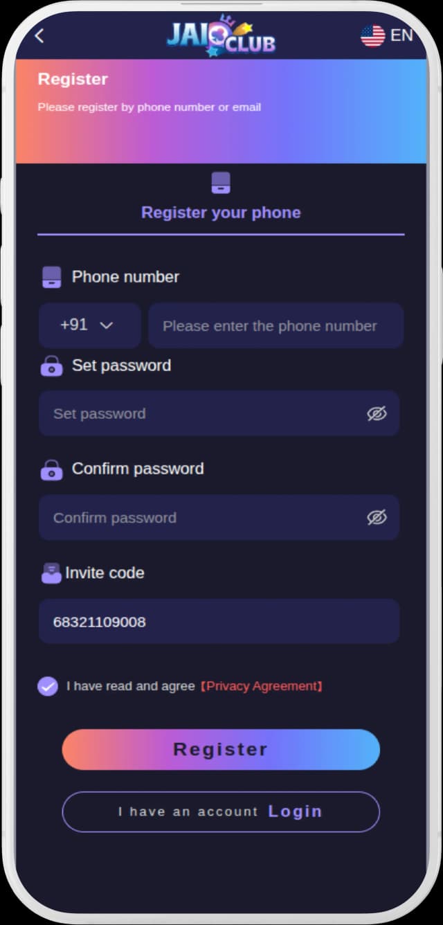 Jai Club Game registration screen with mobile and password fields
