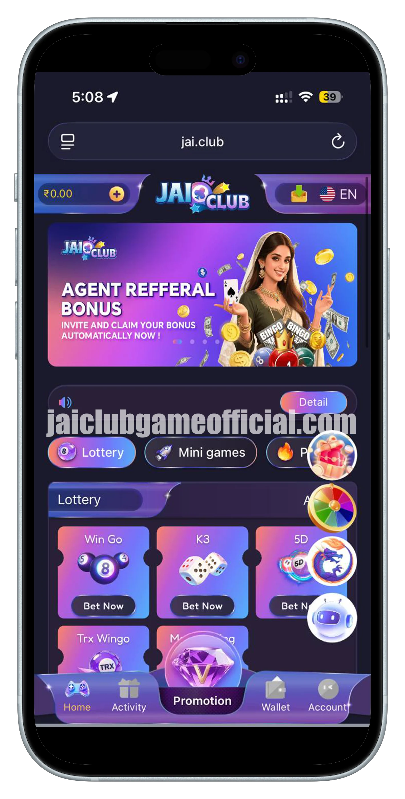 Jai Club Game lobby showing Wingo, K3, TRX Wingo and other prediction games