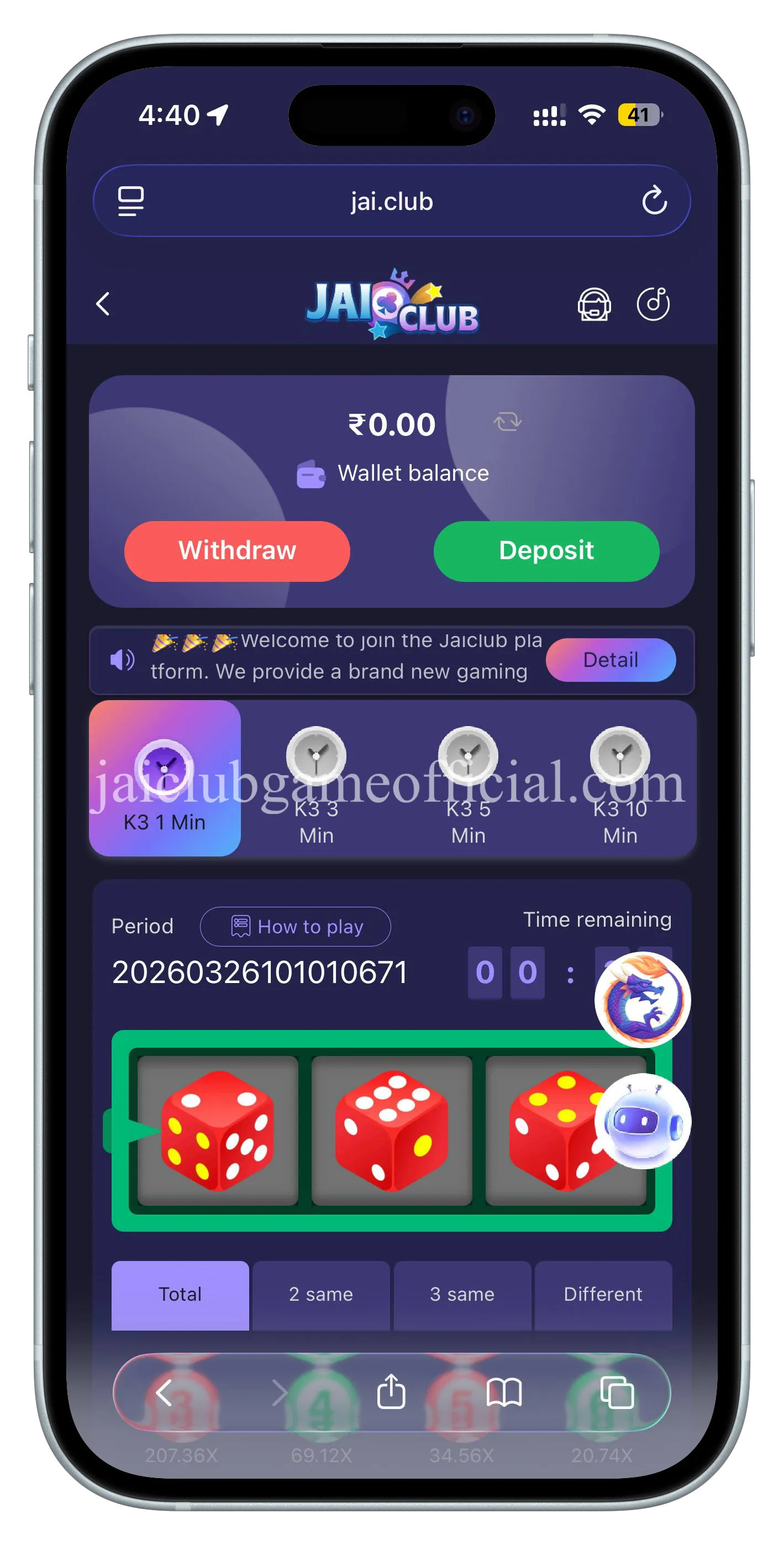 Jai Club K3 Lottery Game — dice prediction