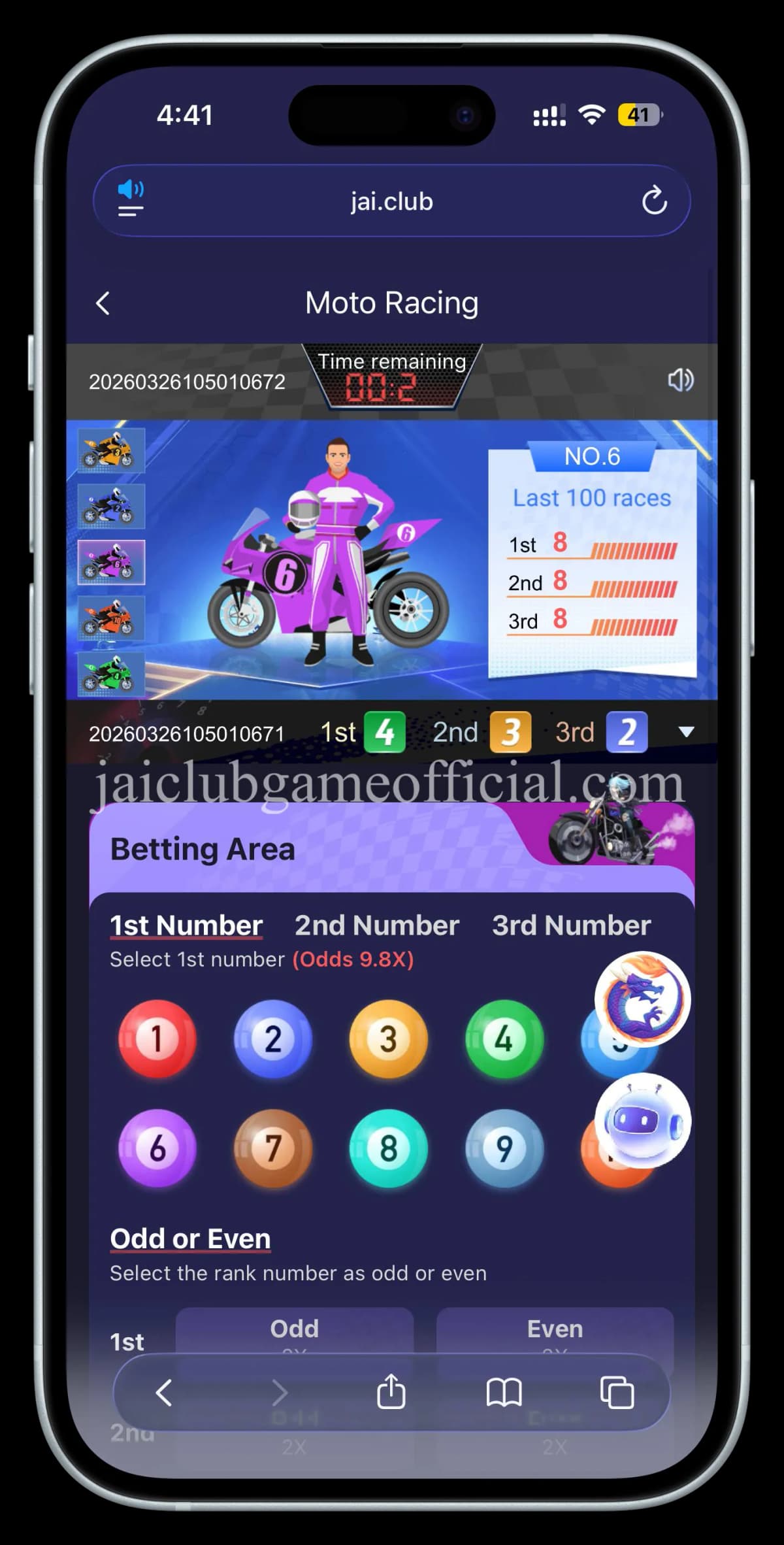 Jai Club Moto Racing Game — 1st 2nd 3rd number prediction