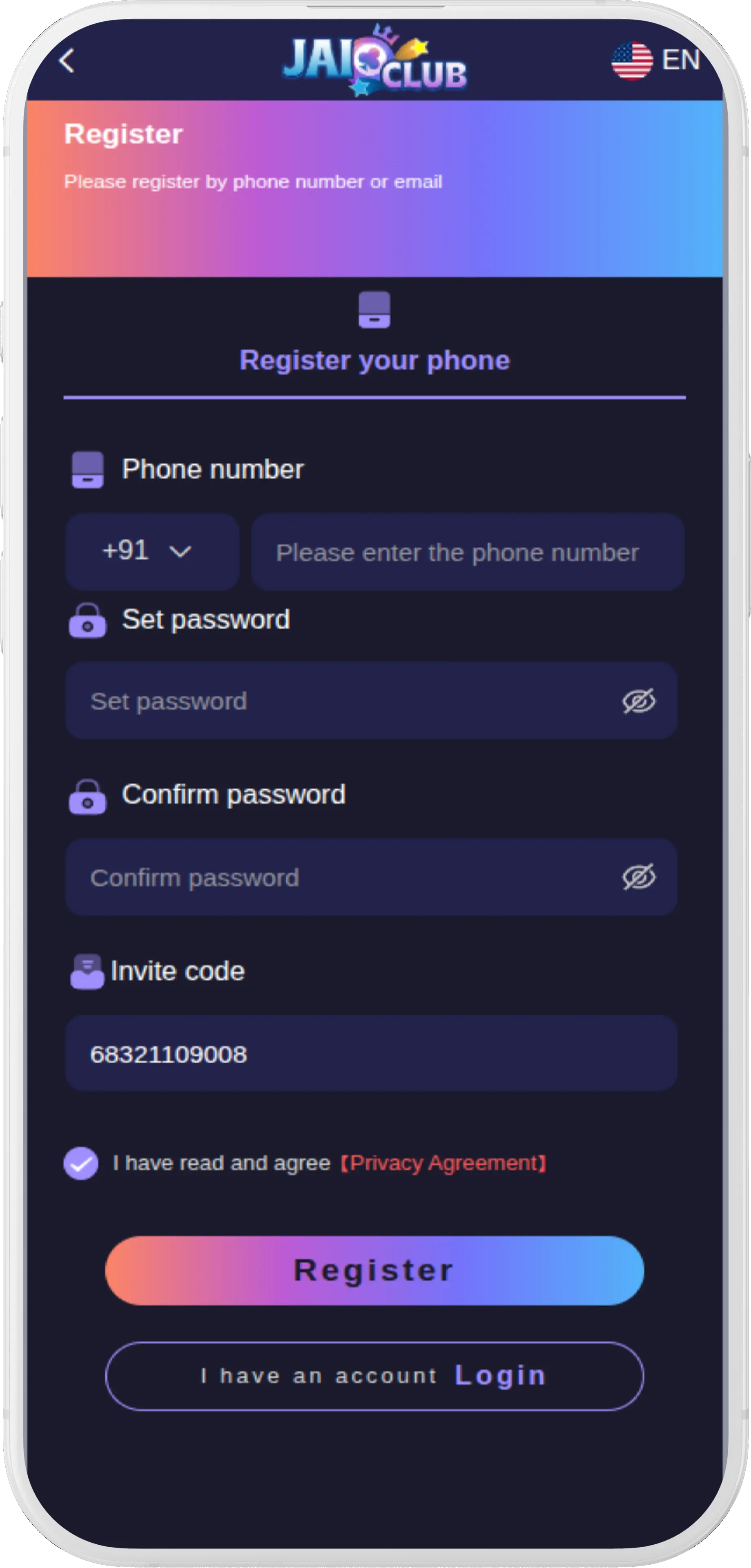 Jai Club register page — create your account with invitation code