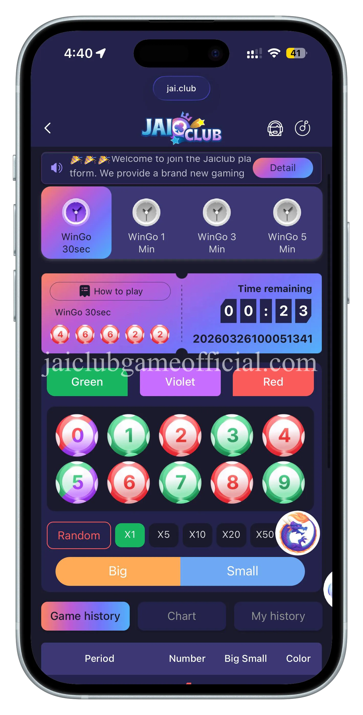 Jai Club Wingo Game showing Green Violet Red prediction interface