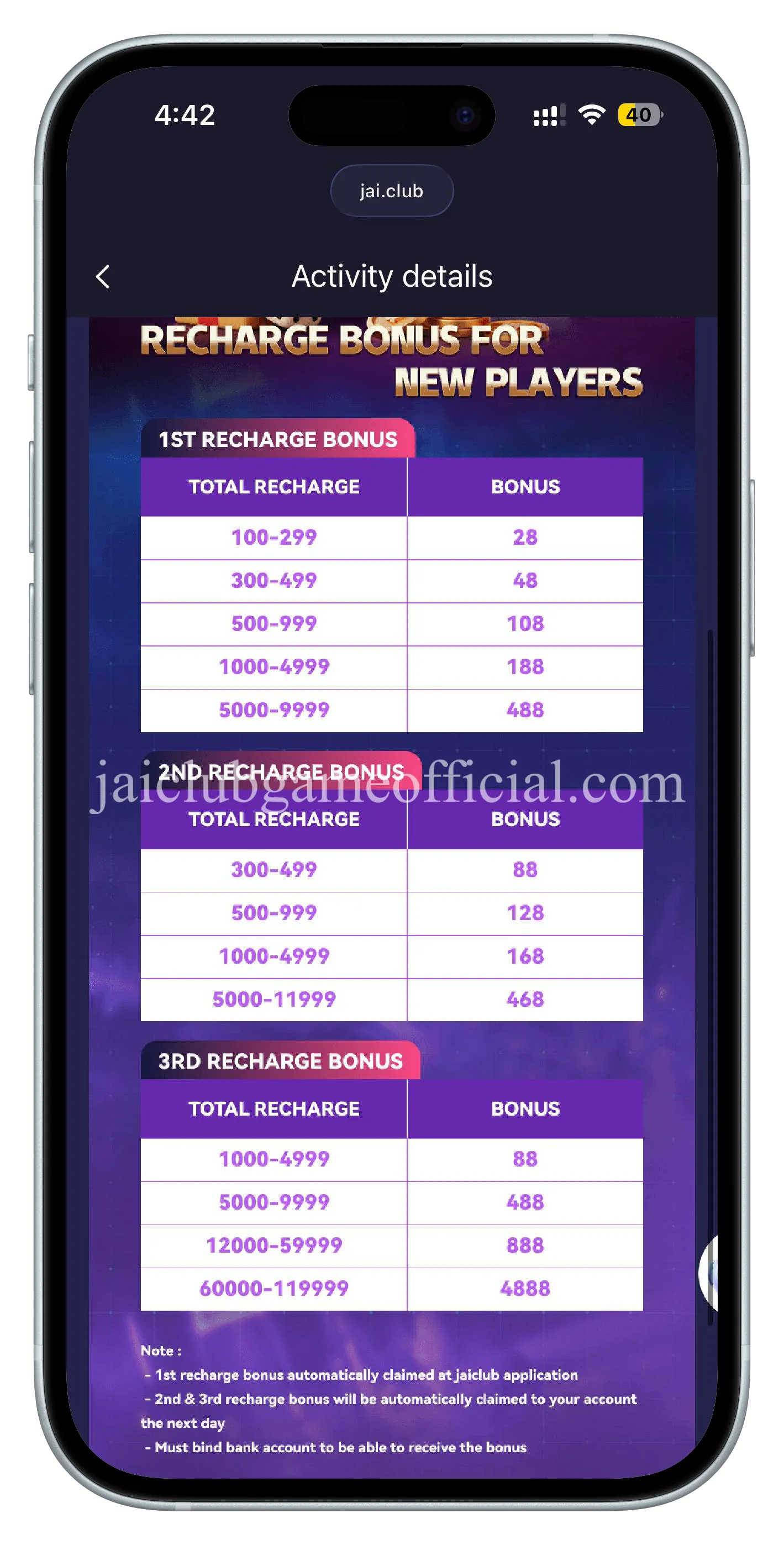 Jai Club Game first deposit bonus tier amounts Rs18 to Rs488 on first qualifying top-up